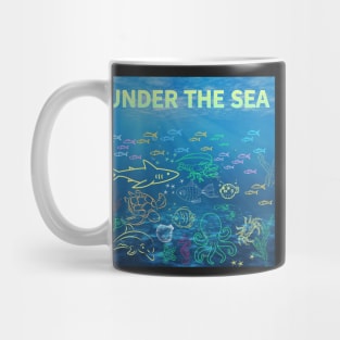 under the sea,blue sea,sea creatures,Turtle, puffer fish, starfish, shrimp, shark, tropical fish, sea horse, seaweed, sardines, squid, crabs, clams Mug